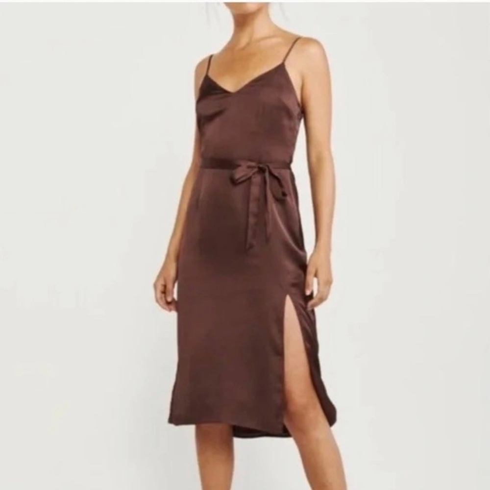 Abercrombie & Fitch brown silk tie waist midi dress
